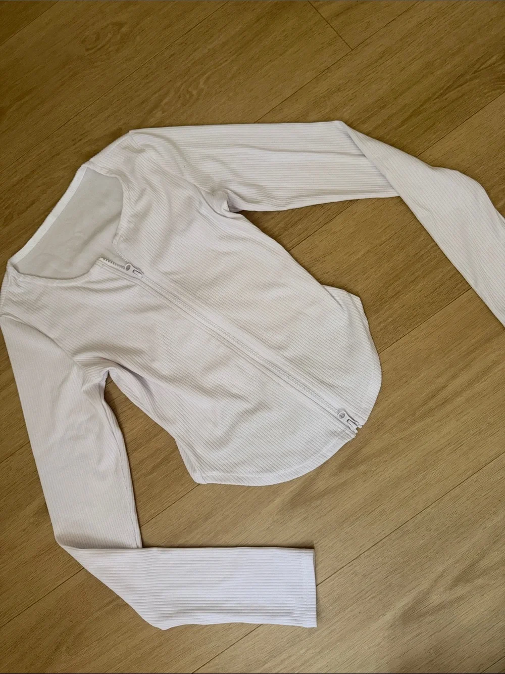 Alo Yoga White Ribbed Zip-Front Long Sleeve Top